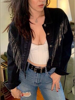 Amazing Black Denim Jacket with Rhinestone Fringe